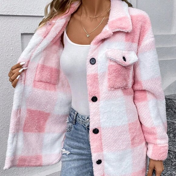 Pink Casual Women's Plaid Soft Fur Regular Fit Coat - Picture 4 of 4
